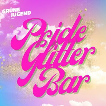 Rosane Wolken. Darauf ein rosa Schriftzug " Pride Glitter Bar"