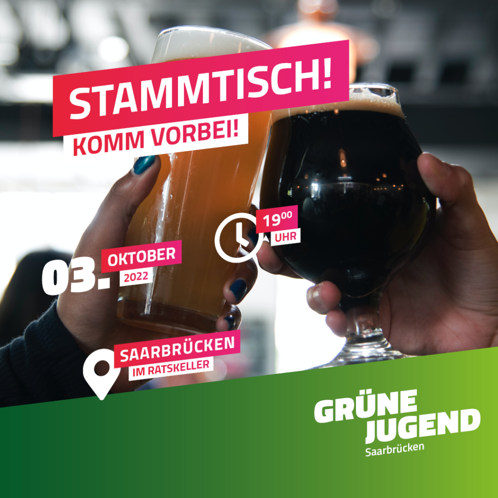 Ein Foto von zwei Biergläsern beim anstoßen. Darauf steht: ! Stammtisch! Komm vorbei! 03.Oktober 2022, 19 Uhr, Saarbrücken, Ratskeller
